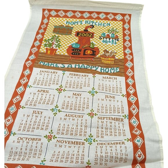 Vintage 2002 Moms Kitchen Calendar Tea Towel Wall Decor Cotton Linen Red & Orang - Picture 1 of 3